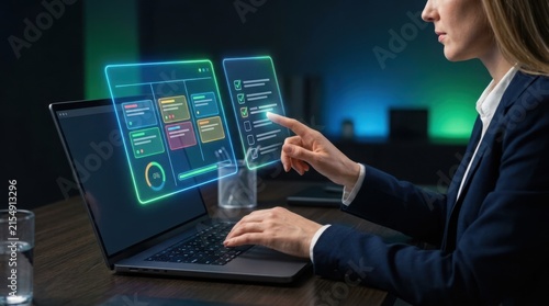 Person using holographic tablet interface with stylus