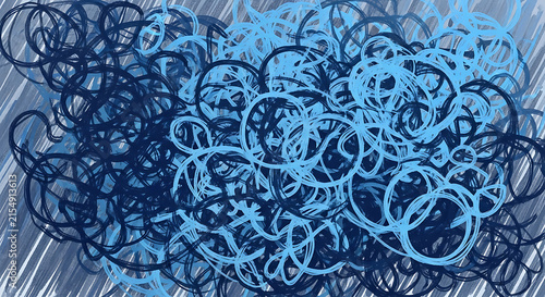 Abstract blue scribble and doodle texture representing a chaotic mesh of tangled lines and circular patterns on a dark background