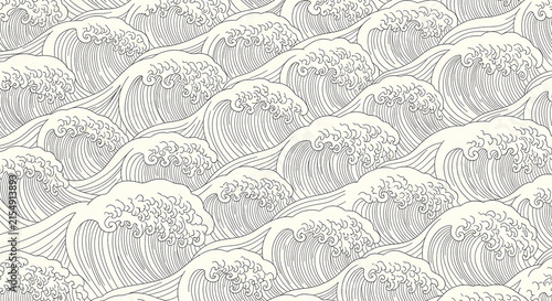 Japanese wave pattern featuring minimalist line art and ocean surf in a traditional ukiyoe style