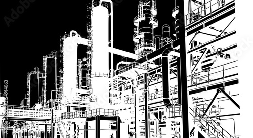 Chemistry or oil refinery plant. Vector silhouette of an industrial object for advertising and presentation purposes. JPEG version.