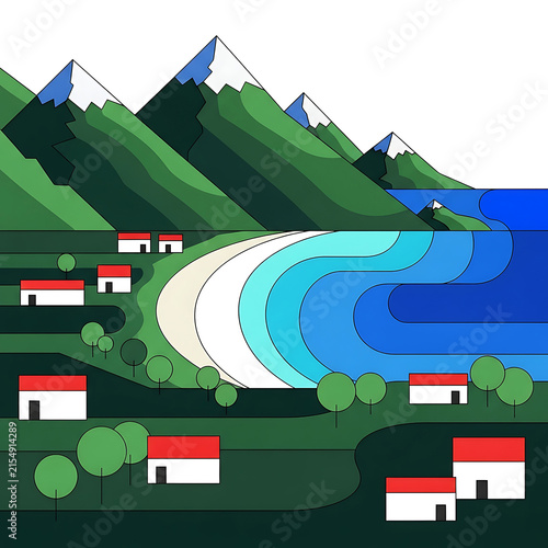 Illustration A vibrant landscape of a mountain range overlooking a serene coastal village in a clean geometric and minimalist art style