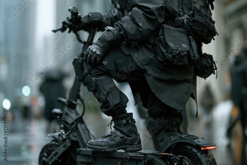 Person wearing techwear clothing and tactical gear standing on an electric scooter in the city