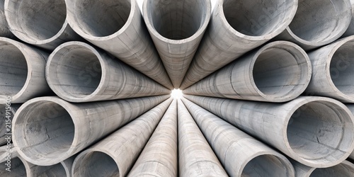Stacked concrete pipes create a tunnel effect with light at the end