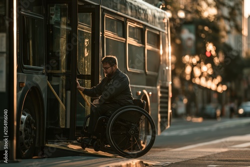 Man in wheelchair entering a city bus via an accessible ramp during sunset