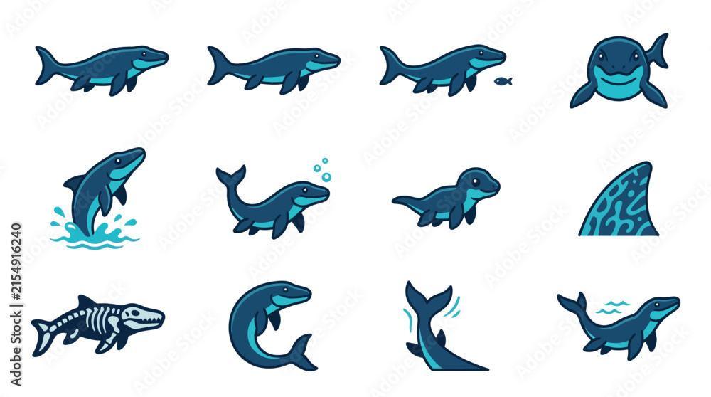 Fototapeta premium Prehistoric sea monster and skeleton icon set
