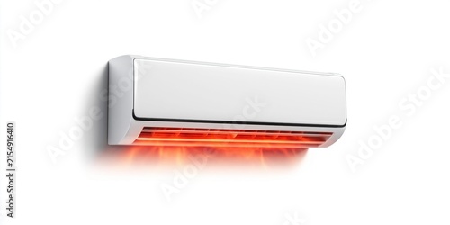 Modern white split air conditioner unit emitting warm orange heat on a clean white wall