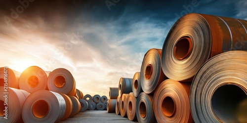 Massive stacks of hot rolled steel coils under a dramatic sunset sky