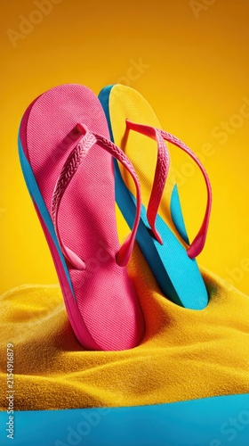 Vibrant pink and yellow flip-flops resting in bright yellow sand