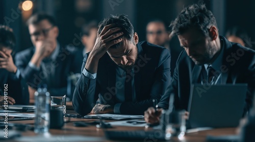 Man in suit stressed with head in hands during business meeting with colleagues in office