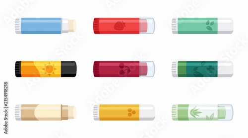 Collection of nine assorted lip balm tubes with different flavors and designs