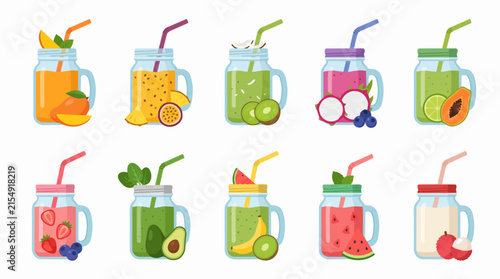 Collection of ten colorful fruit smoothies in mason jars with straws and fresh fruits