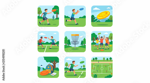 Collection of illustrations depicting people playing disc golf and frisbee in park settings