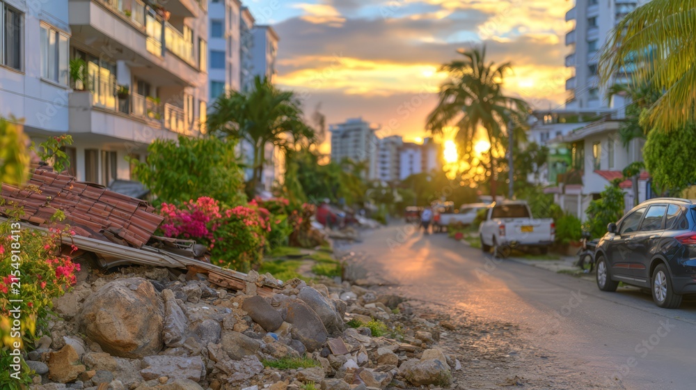 Fototapeta premium Urban neighborhood after a major earthquake, with collapsed roadside structures, scattered rubble, damaged homes, apartment buildings, and emergency disruption beneath a dramatic sunset.