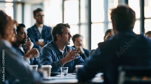 Man speaking during a business meeting with colleagues in a well-lit conference room