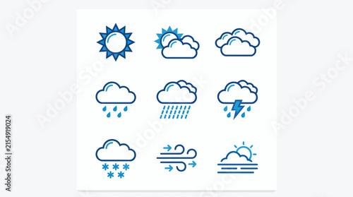 Collection of weather icons including sun, clouds, rain, snow, lightning, and wind
