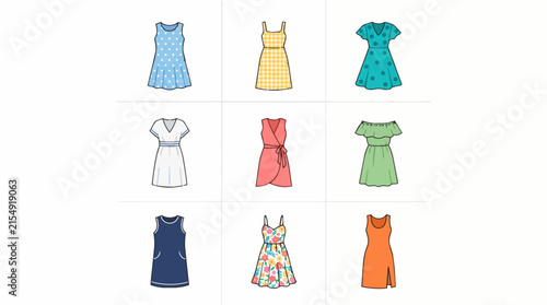 Collection of nine different styles of women's summer dresses displayed in a grid layout