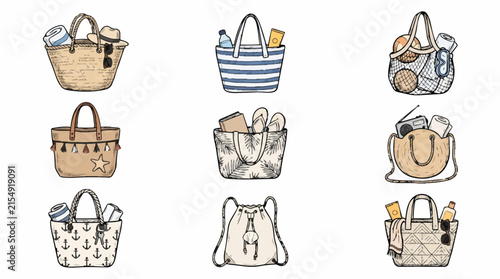 Collection of nine beach bags and accessories for summer vacation and travel