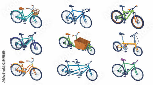 Collection of nine diverse bicycle types in a flat illustration style