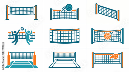 Volleyball Net Icons Set Featuring Game Action and Equipment