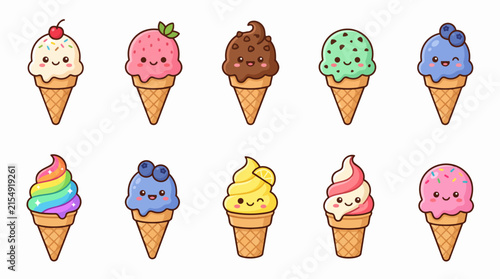Cute Kawaii Ice Cream Cones Collection With Different Flavors And Faces
