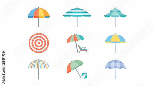 Collection of Colorful Beach Umbrellas and Accessories in Flat Design Style