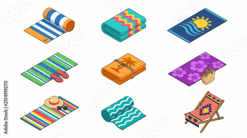 Collection of Isometric Beach Towels and Accessories for Summer Vacation