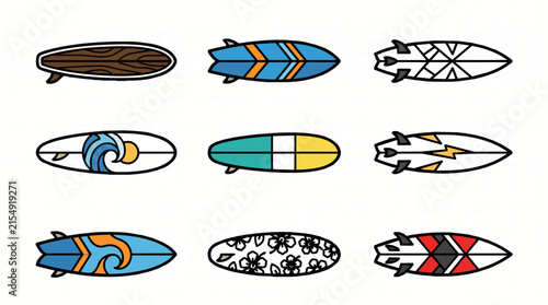 Collection of nine diverse surfboard illustrations with various designs and colors