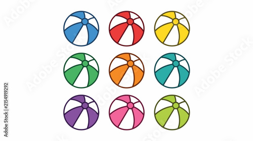 Collection of nine colorful beach balls arranged in a grid on a white background