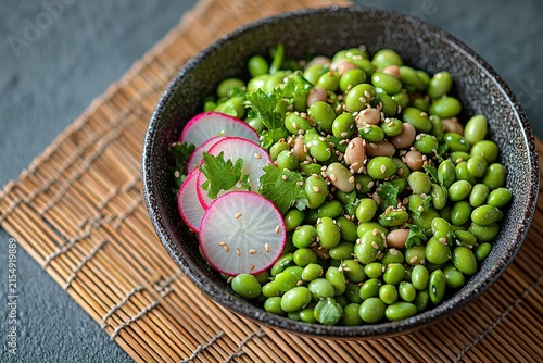 Fresh edamame salad with radishes, beans, cilantro, and sesame seeds in a ceramic bowl on bamboo mat