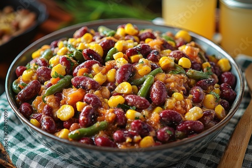 Hearty vegan bean and corn salad with green beans and fresh vegetables in rustic bowl