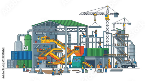 Industrial Manufacturing Plant with Workers and Machinery