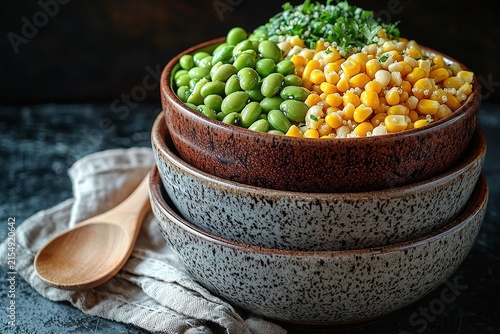 Healthy edamame and corn quinoa salad in rustic ceramic bowl on dark background with wooden spoon and linen napkin