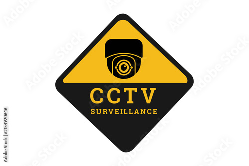Foto Cctv surveillance sign, a yellow and black diamond-shaped warning sign with a security camera icon, ideal for monitoring and protection
