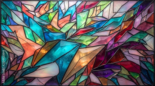 An abstract geometric pattern of colorful stained glass panels featuring a mosaic of translucent and opaque hues in a vibrant display