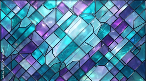 An intricate stained glass window panel featuring a geometric pattern of multifaceted glass in vibrant shades of blue teal and purple with dark lead lines creating a captivating abstract design