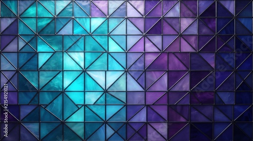 Intricate geometric stained glass pattern featuring a captivating gradient of vibrant turquoise and deep purple hues forming abstract triangular shapes with dark metal framing