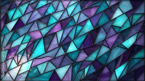 Intricate geometric stained glass pattern in shades of deep purple teal and blue with dark leaded outlines creating a mosaic effect