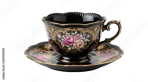 Vintage black porcelain teacup with gold filigree, elegant floral ceramic tea set, luxury victorian style coffee cup with saucer isolated PNG with Transparent Background