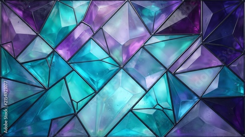 Intricate mosaic stained glass panel featuring geometric facets in vibrant shades of aqua blue and deep purple artfully arranged with dark lead lines creating a captivating abstract