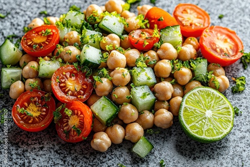 Fresh chickpea salad with tomato, cucumber, lime, and herbs on granite surface