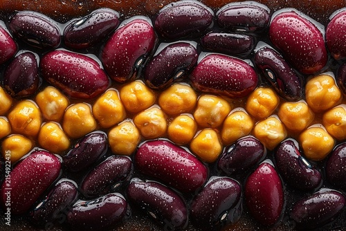 Closeup of wet red kidney beans and chickpeas in rows, healthy proteinrich vegan food background