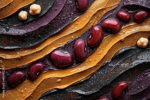 Closeup of red kidney beans and chickpeas on abstract colorful wet surface with water droplets