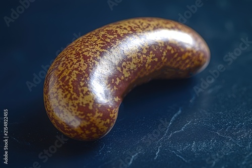 Single speckled kidney bean closeup on dark blue table showcasing unique pattern and texture of legume seed