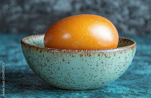 Speckled turquoise ceramic bowl holding single brown egg on textured blue surface
