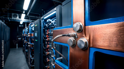 Server rack equipment with copper busbar connections operates inside a modern data center room.