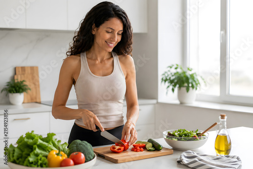 Plano medio de mujer sonriente en ropa deportiva cortando pimiento en tabla de madera en cocina moderna con verduras frescas y luz natural.