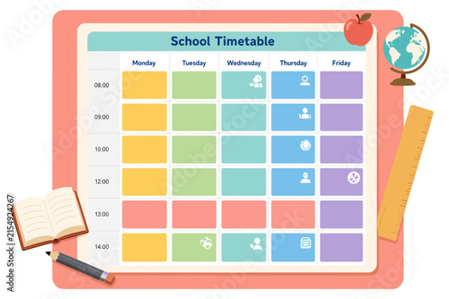 School timetable template with colorful sections and icons for each day of the week