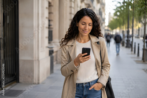 Plano medio de mujer con gabardina caminando por la acera de una calle europea mientras consulta su smartphone con luz natural.