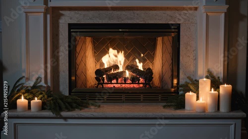 Cozy living room fireplace burning at christmas