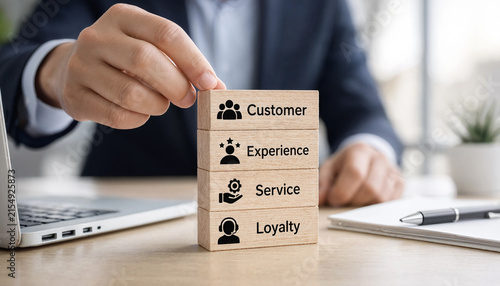 Businessman hand stacking wooden blocks with customer experience service and loyalty icons